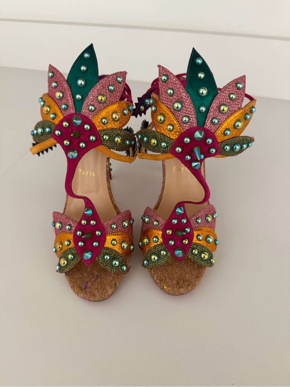 Women's Embellished Lace-Up Sandals - Pink & Teal - Picture 2 of 5